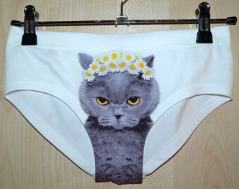 Cat Underwear pussycat funny underwear panties Grey Cat with Camomiles Flowers Gift for Her, Valentines day gift