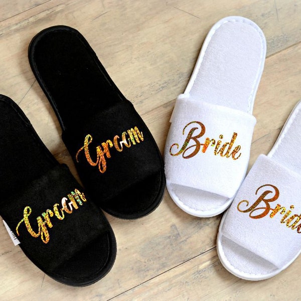 Wedding Slippers, Bride Slippers, Groom Slippers, Personalised custom slippers, Gold Glitter Print shoes, Black slippers, One size