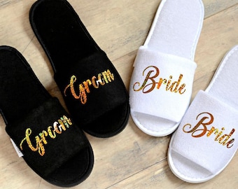 Zapatillas de boda, Zapatillas de novia, Zapatillas de novio, Zapatillas personalizadas personalizadas, Zapatos Gold Glitter Print, Zapatillas negras, Talla única