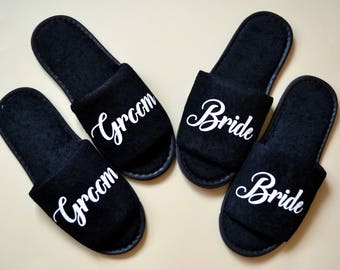 Wedding Slippers Bride Slippers Black Cotton terry shoes Bridesmaid Slippers Wedding Flats Bridesmaid Slippers