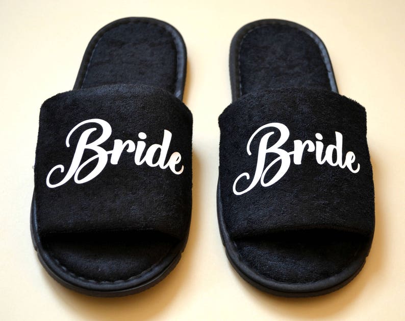 Wedding Slippers Bride Slippers Black Cotton Terry Shoes Etsy