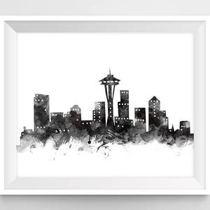 Seattle Druck, Seattle Skyline, schwarz und weiß, Wand Kunstdruck, Washington Aquarell druckbare USA Reise Geschenk Home Decor digitaler Download