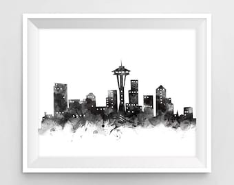 Seattle Print, Seattle Skyline, Black and White, Wall Art Print, Washington Watercolor Printable USA Travel Gift Home Decor Digital Download