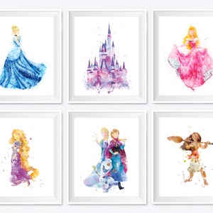 Set of 6 Printable Watercolor Princess Art Aurora Moana Cinderella Poster Kids Babys Home Room Nursery Decor Gifts Download