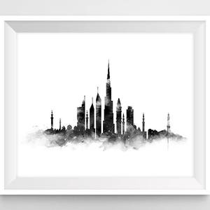 Dubai Print, Dubai Skyline, Art Print, Black and White, United Arab Emirates, Cityscape, Poster, Watercolor Painting, Home Decor, Download