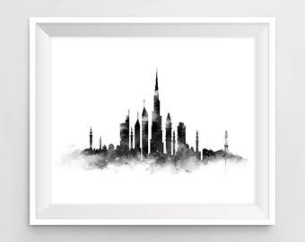 Dubai Print, Dubai Skyline, Art Print, Black and White, United Arab Emirates, Cityscape, Poster, Watercolor Painting, Home Decor, Download