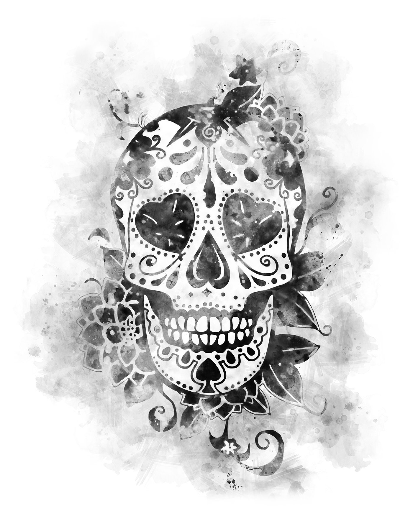 Sugar Skull Black And White Art Print Mexican Skull Day Of The - Etsy