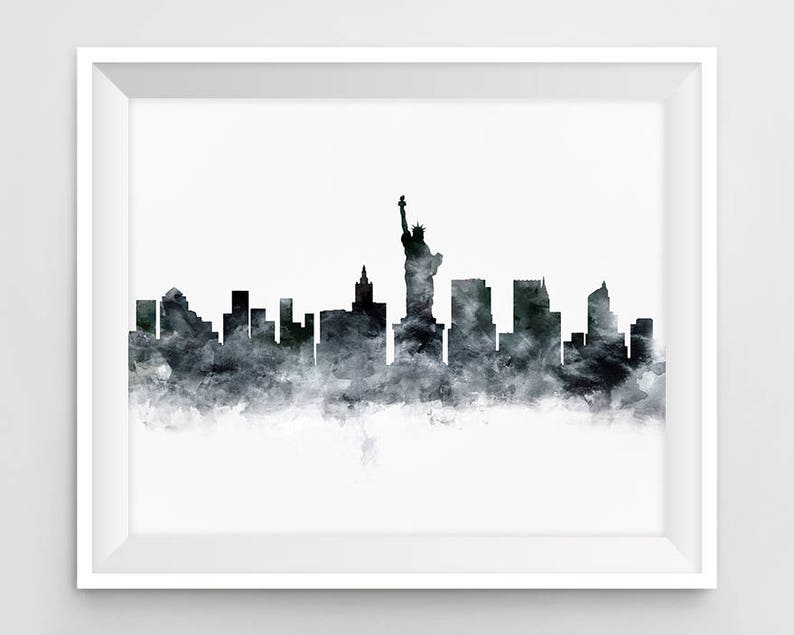 May include: A black and white watercolor painting of the New York City skyline, including the Statue of Liberty.