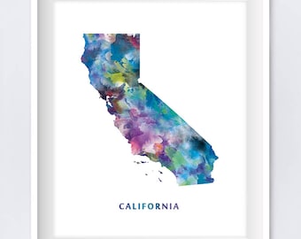 California Map, California Watercolor Map, USA, Art Print, Los Angeles, California Poster, Painting, Gift, Wall Art, Digital Download