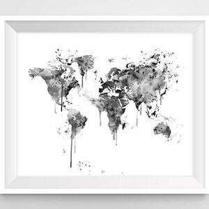 Weltkarte Drucken, schwarz und weiß, Aquarell Reisekarte, Wandkunst, Atlas, Globus, Erde, große Weltkarte, Karte Poster, Home Decor, Download