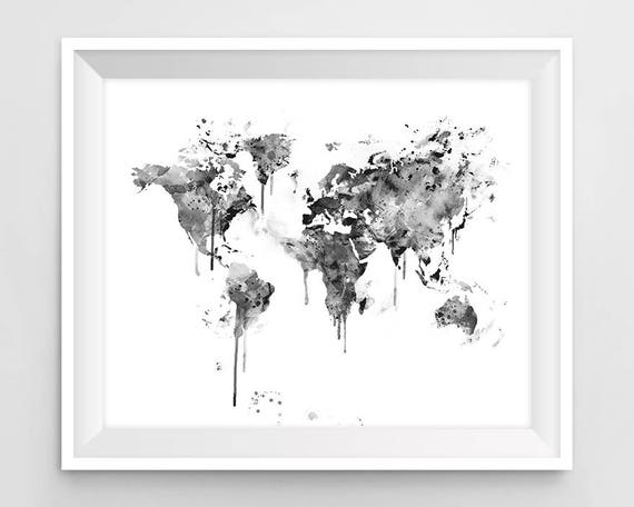 Impression De La Carte Du Monde Noir Et Blanc Carte De Voyage Aquarelle Art Mural Atlas Globe Terre Grande Carte Du Monde Carte Affiche Home