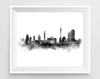 Berlin Black and White Print Berlin Skyline Cityscape Germany Watercolor Artwork Painting Gift Office Decor Digital Download