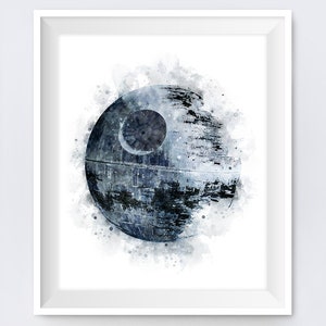 May include: A watercolour painting of the Death Star from Star Wars. The Death Star is a large, spherical space station with a trench running around its equator. The painting is done in shades of grey and blue, with a white background.