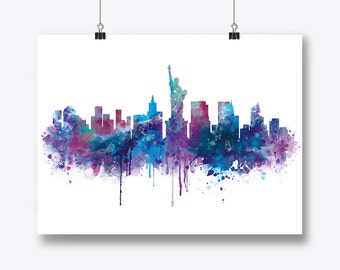 New Yorks skyline, New York-tryck, stadsposter, New York akvarell stadslandskap, väggbonad, stadstryck, väggdekor, present till mamma, digital nedladdning