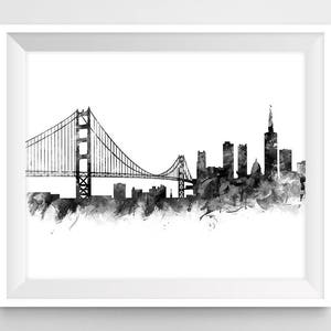 San Francisco Print, San Francisco Skyline, Art Print, Black and White, Poster, California, Watercolor Cityscape, Home Decor, Gift, Download