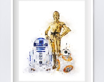 R2D2 C3PO BB8 Print Watercolor Art Star Wars Droids Printable Poster Birthday Gift Wall Art Kids Nursery Home Decor Digital Download