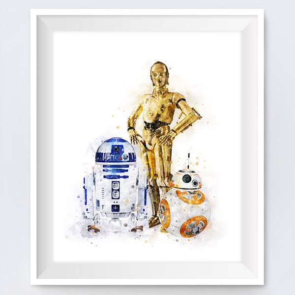 R2D2 C3PO BB8 Print Watercolor Art Star Wars Droids Printable Poster Birthday Gift Wall Art Kids Nursery Home Decor Digital Download