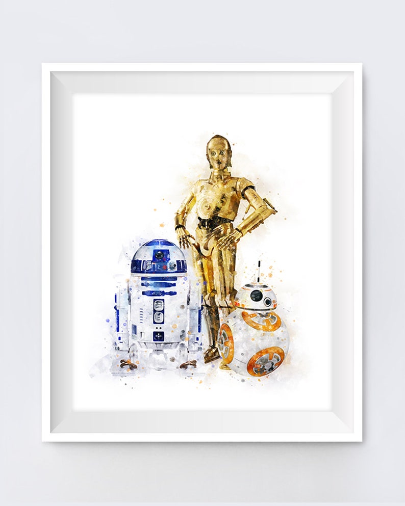 R2D2 C3PO BB8 Print Watercolor Art Star Wars Droids Printable Poster Birthday Gift Wall Art Kids Nursery Home Decor Digital Download image 1