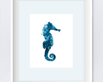 Caballo de mar, impresión de arte, caballo de mar, decoración del hogar, vida marina, pintura, náutica, arte de la pared, azul, agua, acuarela, regalo, subacuático, descargar
