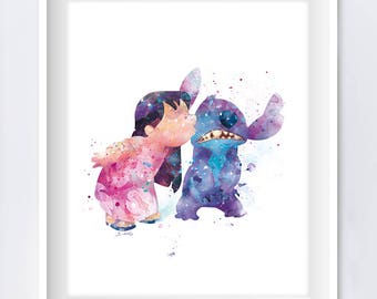 Stitch Print Lilo and Stitch Watercolor Art Nursery Print Stitch Party Ohana means family Wall Art Christmas Gift Digital Download