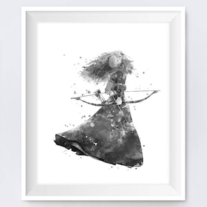 Merida Wall Art Black and White Printable Princess Art Print Merida Brave Watercolor Gift Nursery Gift Digital Download