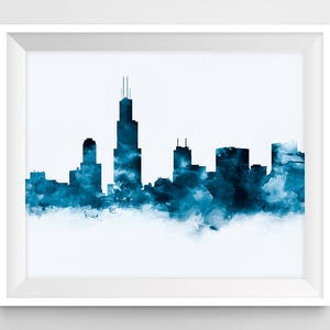 Chicago Print, Chicago Skyline, Watercolor, Chicago Illinois, USA, Blue, Poster, Office Decor, Travel, Gift, City Art, Cityscape, Download