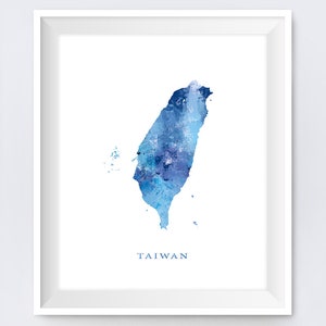 May include: A watercolor painting of the island of Taiwan in shades of blue. The word "TAIWAN" is written in blue text below the island.