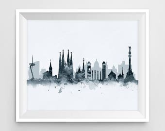 Barcelona Print, Barcelona Skyline, Poster, Spain, Black White Grey, Travel, Cityscape, Wall Art, Home decor, City Art, Gift, Download