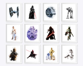 Set of 12 Watercolor Star Wars Print Movie Dark Side Jedi Printable Birthday Gift The Force Illustration Wall Art Home Kids Decor Download