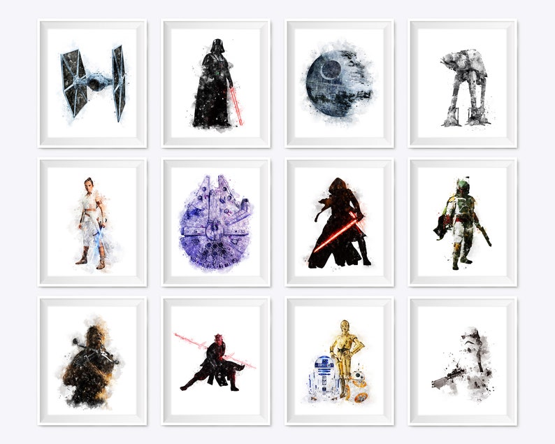 Set of 12 Watercolor Star Wars Print Movie Dark Side Jedi Printable Birthday Gift The Force Illustration Wall Art Home Kids Decor Download image 1