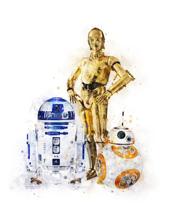 R2D2 C3PO BB8 Print Watercolor Art Star Wars Droids Printable