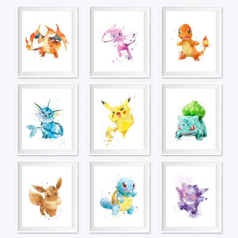 Set of 9 Pokemon Art Print Pokemon Gift Pokemon Party Pikachu Etsy