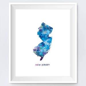 May include: A watercolor painting of the state of New Jersey in shades of blue, purple, and green. The state's name is written in white below the image.
