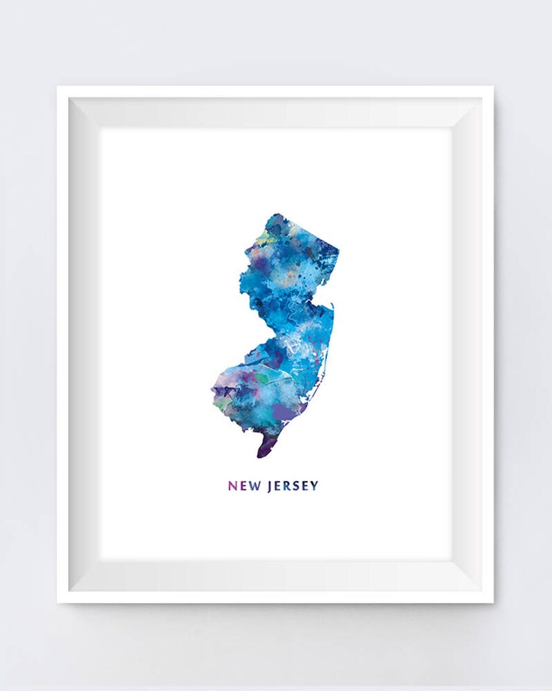 May include: A watercolor painting of the state of New Jersey in shades of blue, purple, and green. The state's name is written in white below the image.