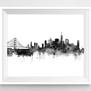 San Francisco Skyline Print Cityscape Watercolor California Poster Black and White Travel Home Decor Wall Art Gift Digital Download