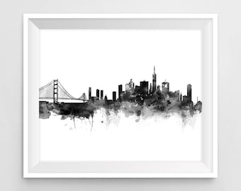 San Francisco Skyline Print Cityscape Watercolor California Poster Black and White Travel Home Decor Wall Art Gift Digital Download