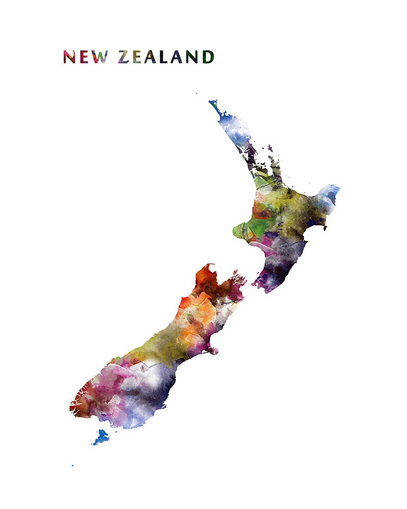 May include: A watercolor painting of New Zealand, with a colorful, abstract design. The painting is in shades of blue, green, yellow, orange, red, and purple.