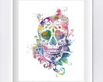 Cráneo de azúcar, Impresión de arte, Día de los muertos, acuarela, cráneo, caramelo, calavera floral, godo, macabro, tatuaje, arte de la pared, regalo, decoración del hogar, descargar