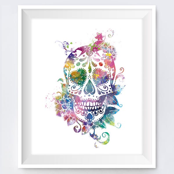 Sugar Skull, Art Print, Day of the Dead, Watercolor, Skull, Candy, Floral Skull, Goth, Macabre, Tattoo, Wall Art, Gift, Home Decor, Download