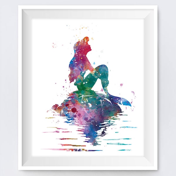 Prinzessin Ariel Kleine Meerjungfrau Aquarell Poster Ariel Malerei Wandkunst Kinderzimmer Geschenk sofort Digital Download