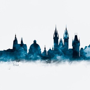 May include: A watercolor silhouette of the Prague skyline in shades of blue. The cityscape features several prominent towers and churches, including the iconic Prague Castle.