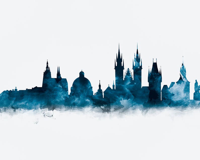 May include: A watercolor silhouette of the Prague skyline in shades of blue. The cityscape features several prominent towers and churches, including the iconic Prague Castle.