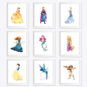 Set of 9 Princess Watercolor Print Princesses Printable  Belle Merida Anna Elsa Nursery Print Poster Wall Art Gift instant download
