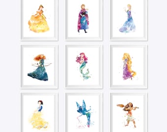 Set of 9 Princess Watercolor Print Princesses Printable  Belle Merida Anna Elsa Nursery Print Poster Wall Art Gift instant download