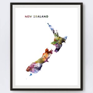 May include: A watercolor painting of New Zealand, with the country's name printed at the top of the image.