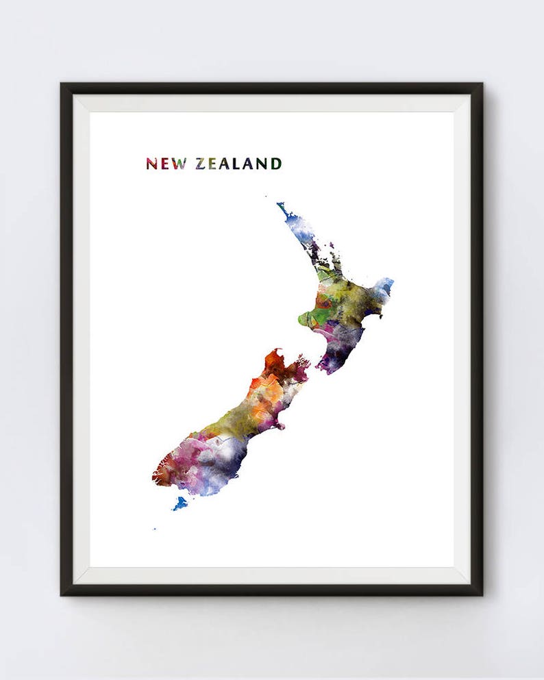 May include: A watercolor painting of New Zealand, with the country's name printed at the top of the image.