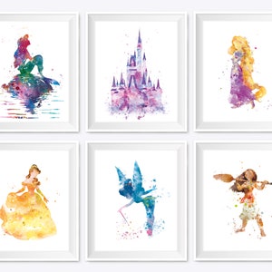Set de 6 Princesas de Acuarela Arte Imprimible Campanita Moana Belle Arte de pared Póster Niños Habitación del bebé Regalos de guardería Descargar