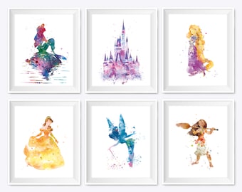 Set of 6 Watercolor Princesses Printable Art Tinkerbell Moana Belle Wall art Poster Kids Baby Room Nursery Gifts Download