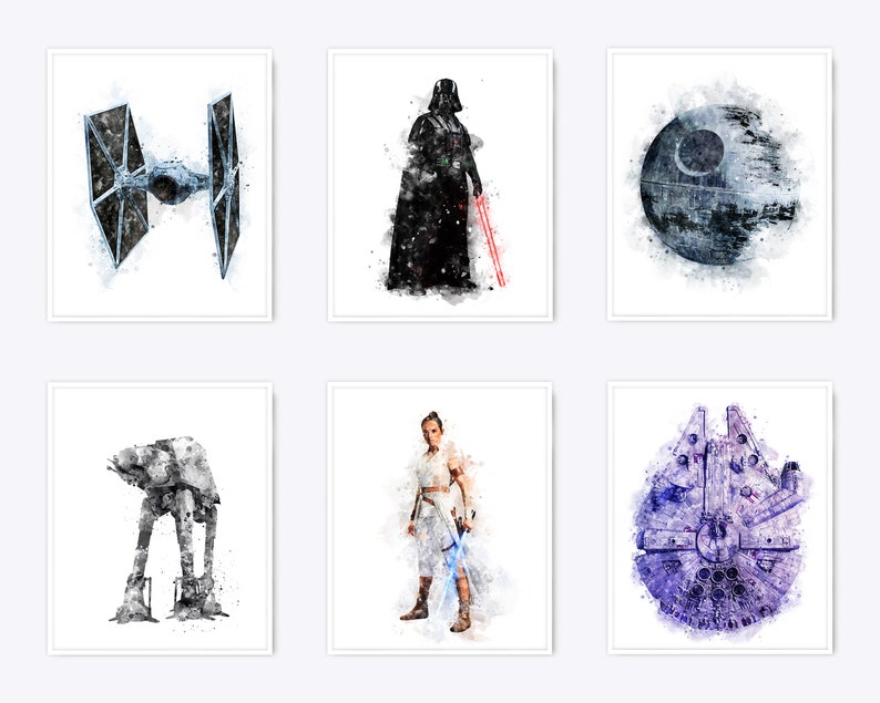 Set of 12 Watercolor Star Wars Print Movie Dark Side Jedi Printable Birthday Gift The Force Illustration Wall Art Home Kids Decor Download image 2