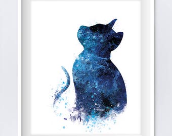 Blue Cat, Art Print, Cat Poster, Watercolor, Pet, Kitty, Zen, Painting, Animal, Nursery, Home Kitchen Decor, Wall Art, Cute, Gift, Download